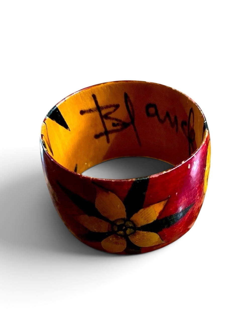 Wooden Handmade Painted Floral Bracelet Bohemian Signed